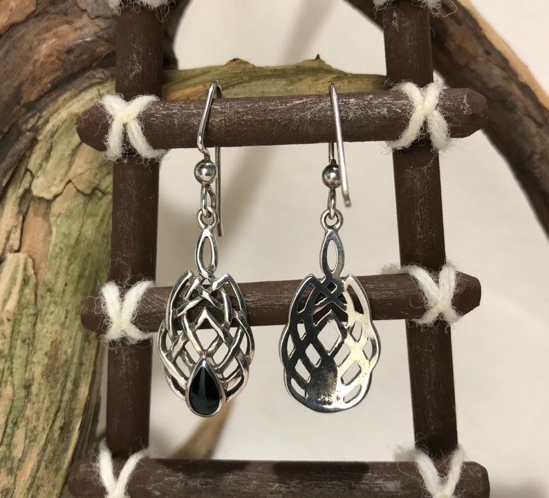 Black Onyx Celtic Knot Design Sterling Silver Earrings