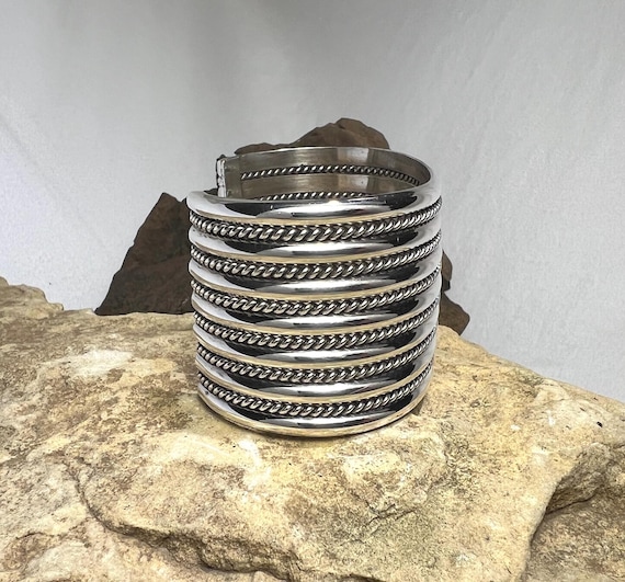 Solid Sterling Silver Wide Navajo Cuff Bracelet -… - image 14