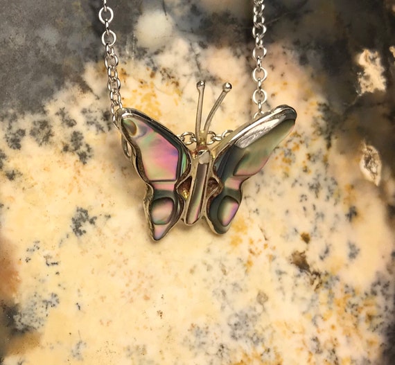 Carved Abalone Shell Alpaca Silver Butterfly Pend… - image 3