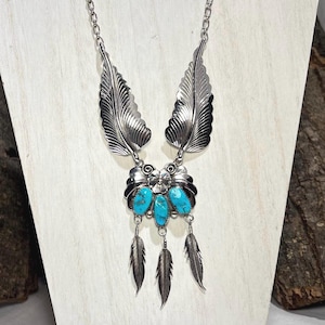Vintage Navajo Kingman Mine Turquoise Sterling Silver Feather Design Necklace - Cecil Henry