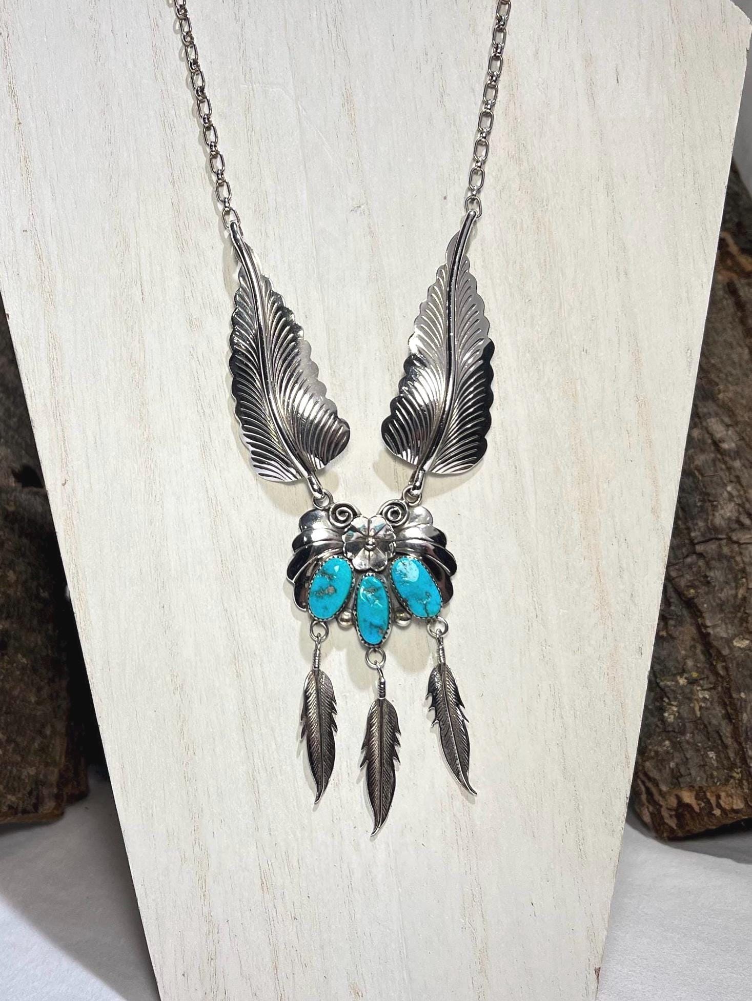 Vintage Navajo Kingman Mine Turquoise Sterling Silver Feather 