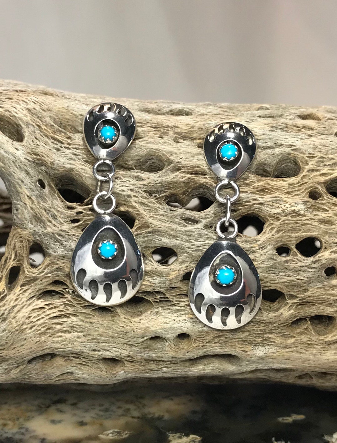 Navajo Turquoise and Sterling Silver Shadowbox Bear Claw Design Post ...