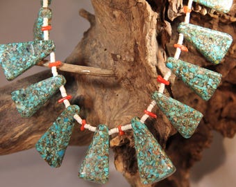Vintage Santo Domingo Turquoise and Red Coral with White Shell Heishi Beaded Necklace