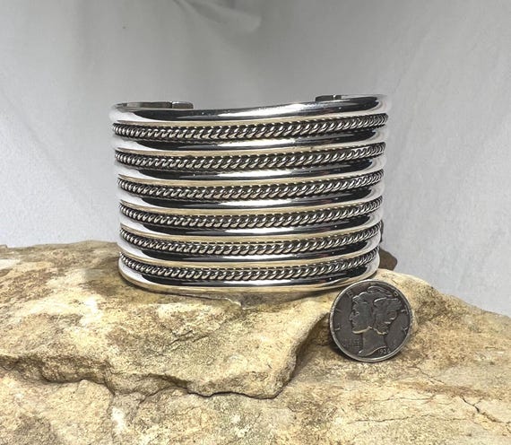 Solid Sterling Silver Wide Navajo Cuff Bracelet -… - image 11