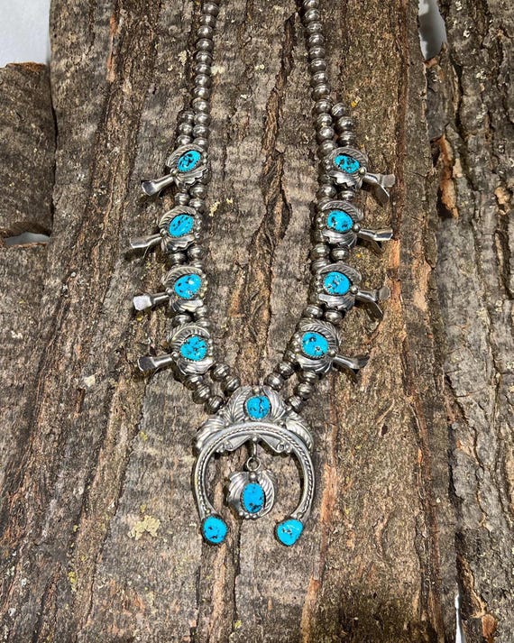 【希少】Indian jewelry KingmanMine turquoise Vintage Navajo Kingman Mine Turquoise Sterling Silver Squash