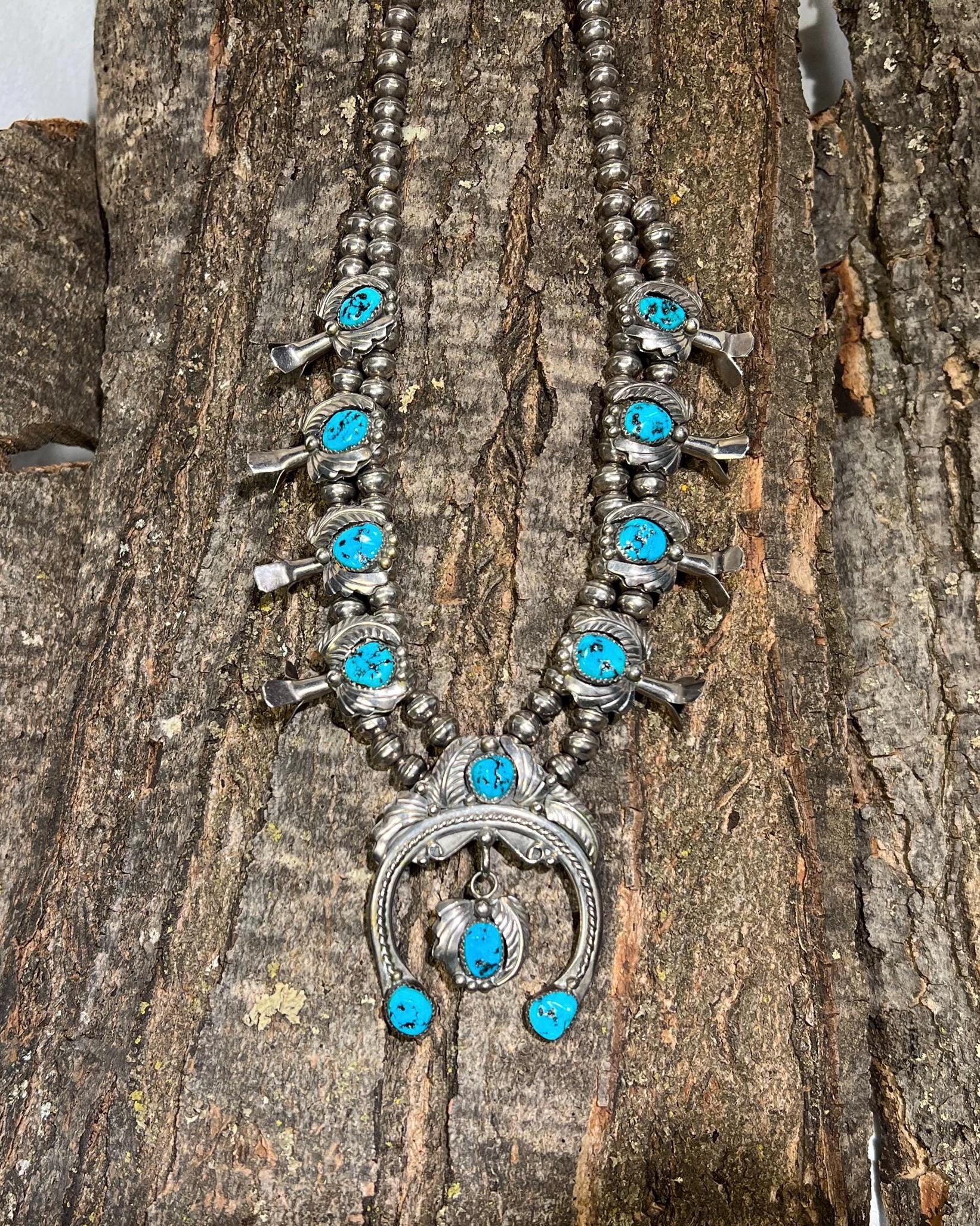 【希少】Indian jewelry KingmanMine turquoise Vintage Navajo Kingman Mine Turquoise Sterling Silver Squash