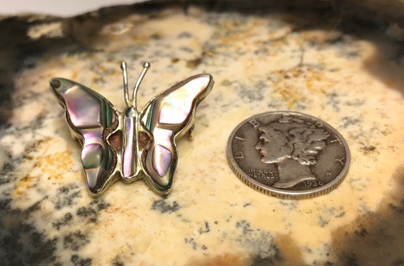 Carved Abalone Shell Alpaca Silver Butterfly Pend… - image 9