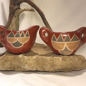 Vintage Santa Clara Pueblo Pottery Redware Sugar & Creamer Set - 1970’s