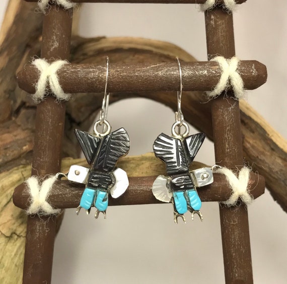 Zuni Turquoise Jet and Mother of Pearl Sterling S… - image 2