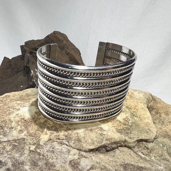 Solid Sterling Silver Wide Navajo Cuff Bracelet -… - image 3