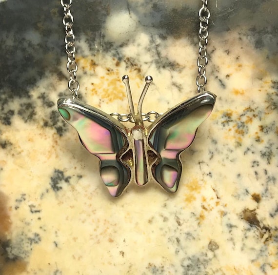 Carved Abalone Shell Alpaca Silver Butterfly Pend… - image 1