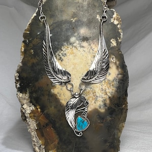 Navajo Southwest Turquoise Feather Design Sterling Silver Necklace - H. Tsosie