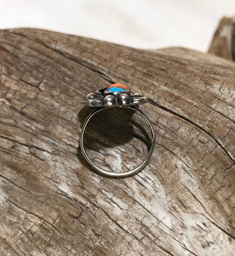 Size 4 Vintage Navajo Turquoise and Red Coral Sterling Silver Feather Ring