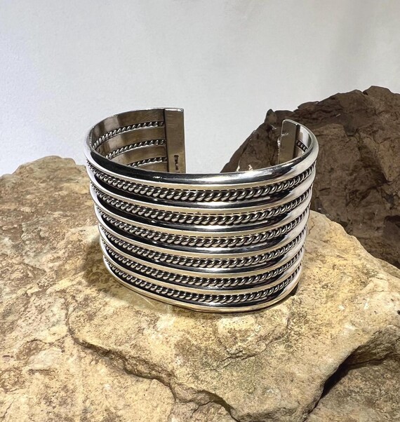 Solid Sterling Silver Wide Navajo Cuff Bracelet -… - image 5