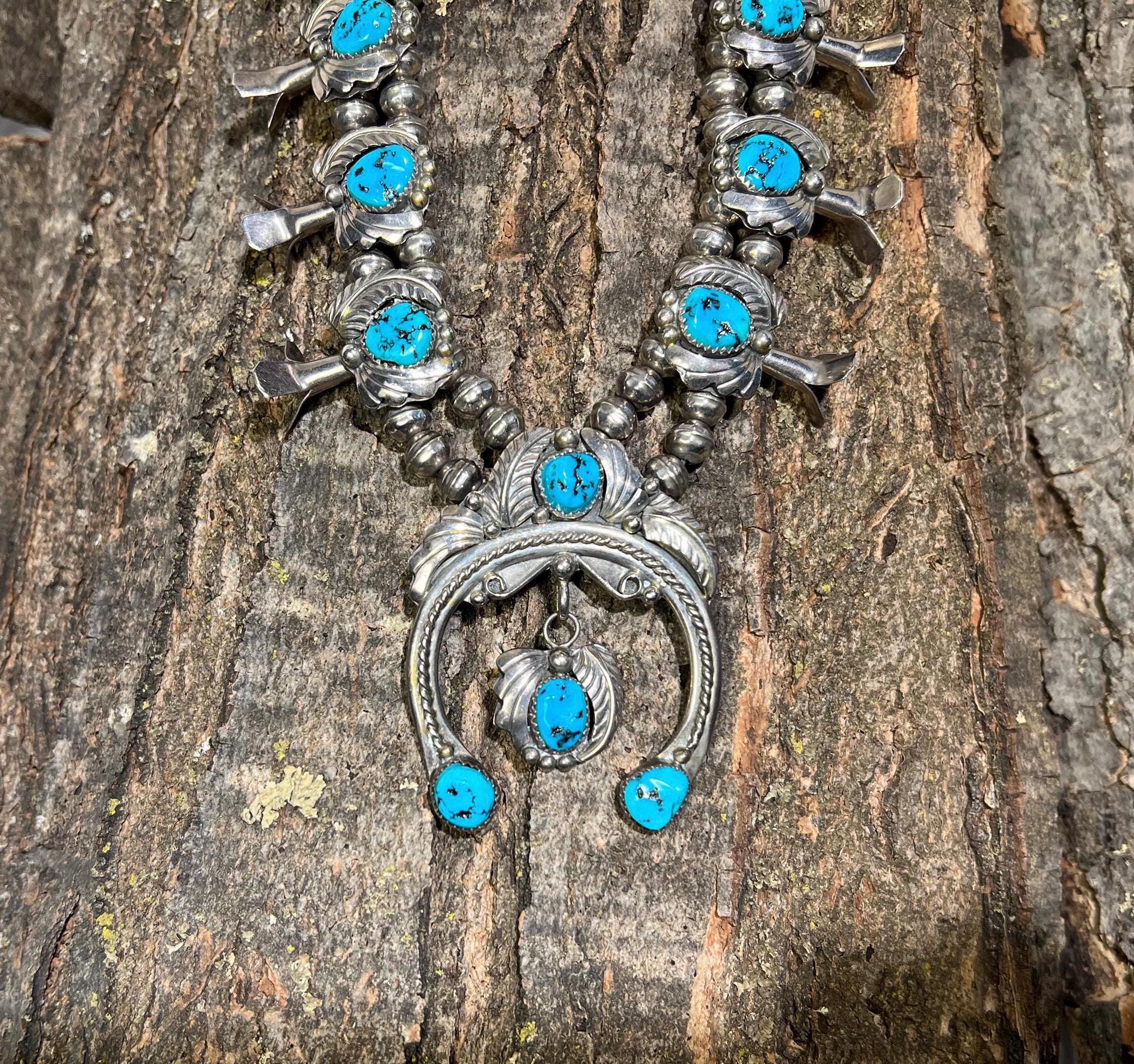 Vintage Navajo Kingman Mine Turquoise Sterling Silver Squash
