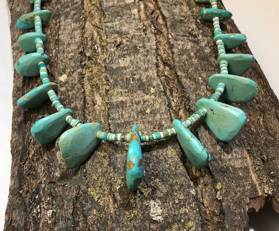 Exceptional Vintage Navajo Green Turquoise Slab Native American Necklace Old Exceptional Vintage Navajo Green Turquoise Slab Native American Necklace Old