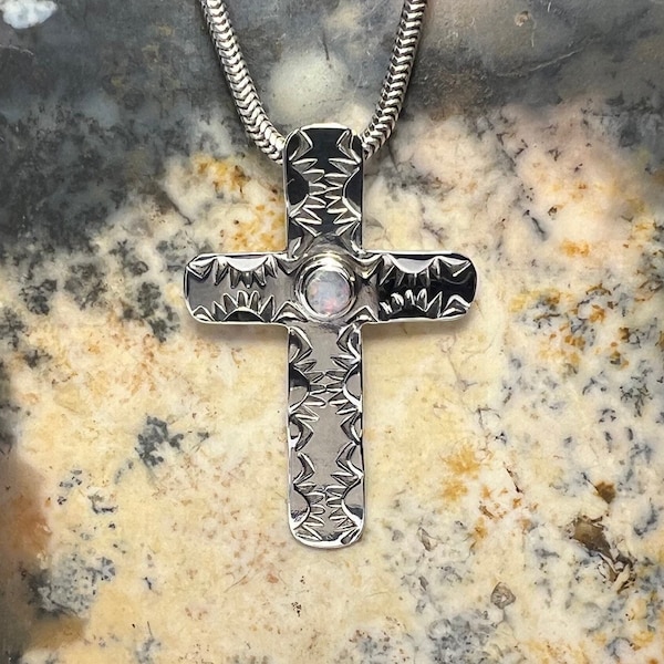 Southwest Native American Opal and Sterling Silver Cross Pendant - K.A.