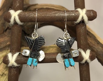 Zuni Turquoise Jet and Mother of Pearl Sterling Silver Bald Eagle Earrings