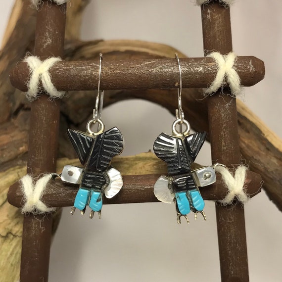 Zuni Turquoise Jet and Mother of Pearl Sterling S… - image 1