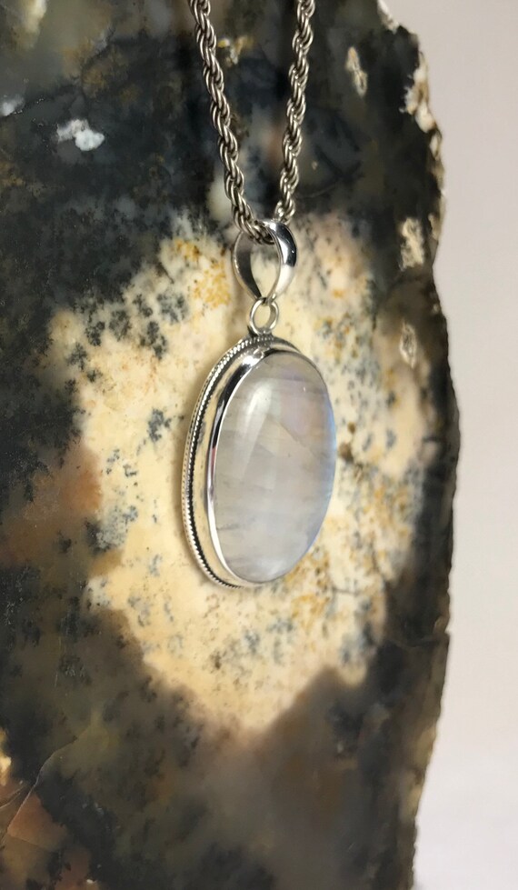 Polished Oval Rainbow Moonstone Sterling Silver P… - image 4
