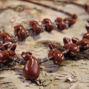 Zuni Pipestone & Turquoise Inlay Bear Fetish Necklace