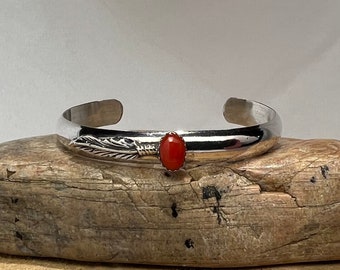 Vintage Navajo Polished Red Coral Sterling Silver Child Cuff Bracelet - 4 5/8 Inches