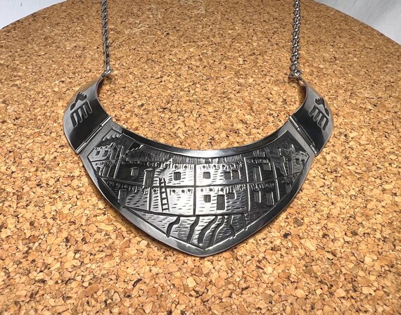 Navajo Pueblo Cliff Dwelling Sterling Silver Overlay Design Bib Style Necklace - 19 Inches