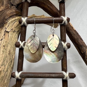 Black Lip Oyster Shell Carved Design Earrings with Sterling Silver Ear Wires