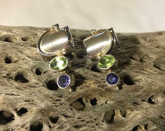 Sale!!!  Faceted Peridot & Iolite Sterling Silver Mod Style Post Earrings