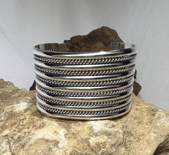 Solid Sterling Silver Wide Navajo Cuff Bracelet -… - image 18