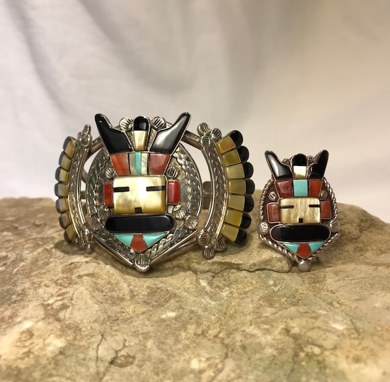 Incredible Native American Zuni Textured Inlay Turquoise Coral Kachina Sterling Silver Bracelet Incredible Native American Zuni Textured Inlay Turquoise Coral Kachina Sterling Silver Bracelet