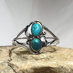 Vintage Navajo Two-Stone Southwest Turquoise Sterling Silver Cuff Bracelet