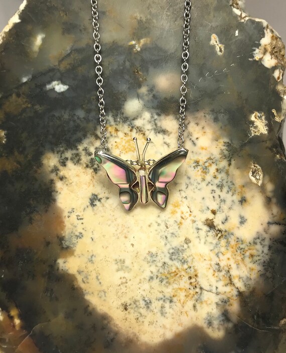 Carved Abalone Shell Alpaca Silver Butterfly Pend… - image 2