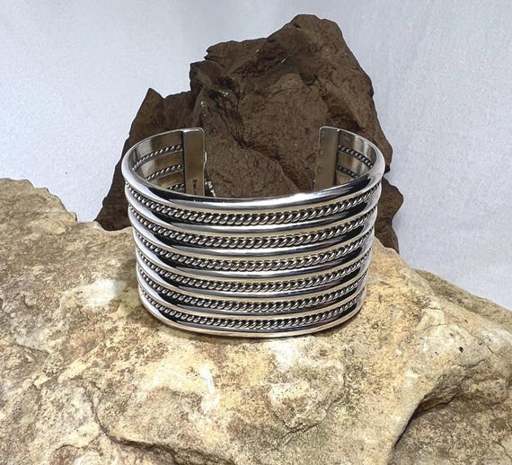 Solid Sterling Silver Wide Navajo Cuff Bracelet -… - image 12