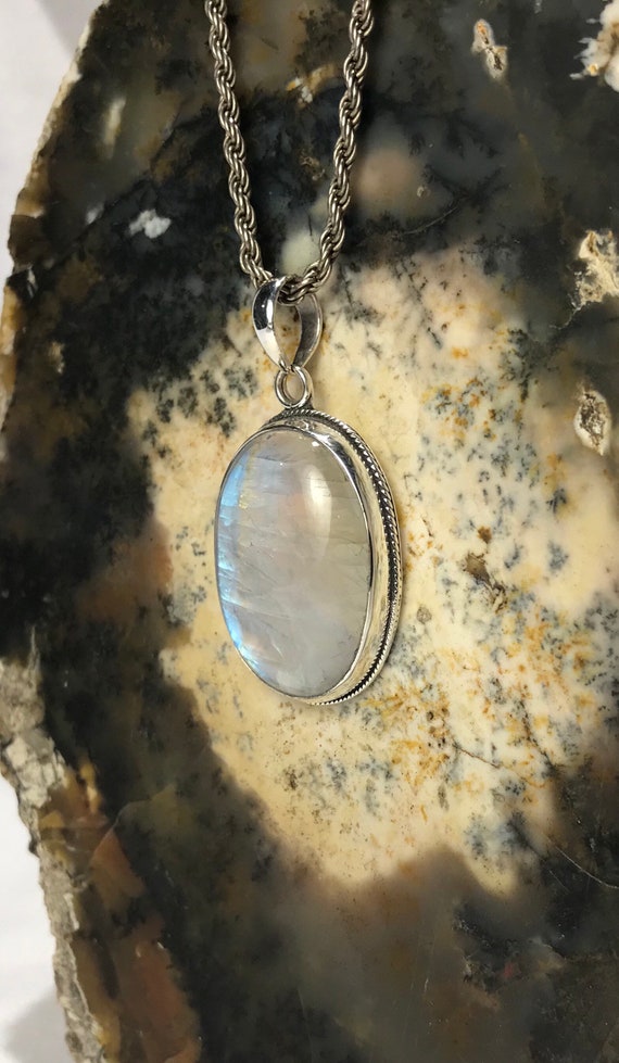Polished Oval Rainbow Moonstone Sterling Silver P… - image 6