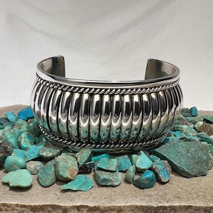 Navajo Traditional Design Heavy Sterling Silver cuff Bracelet - Thomas Charlie