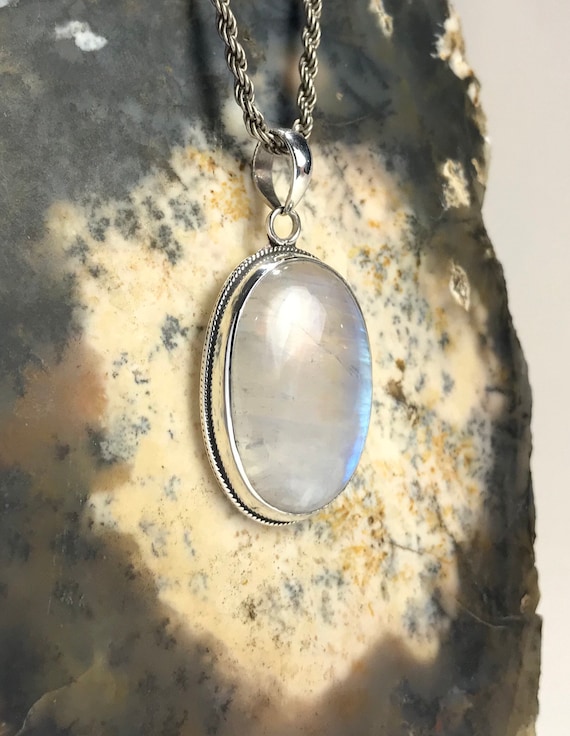 Polished Oval Rainbow Moonstone Sterling Silver P… - image 3