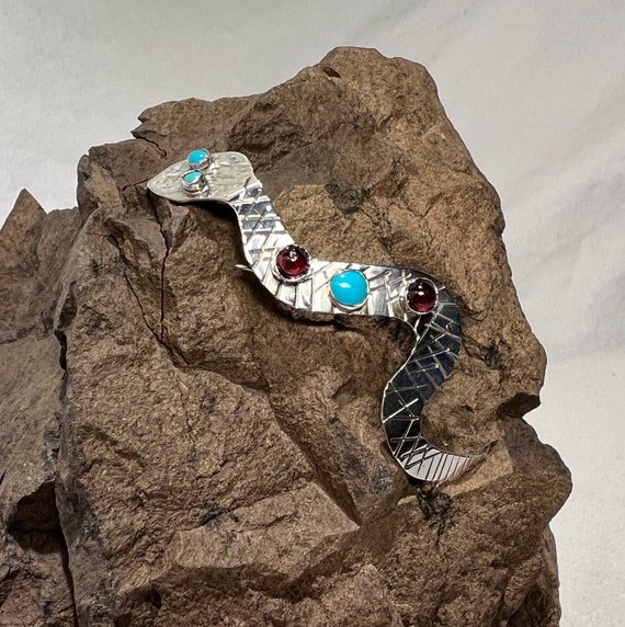 Polished Turquoise and Garnet Sterling Silver Snak
