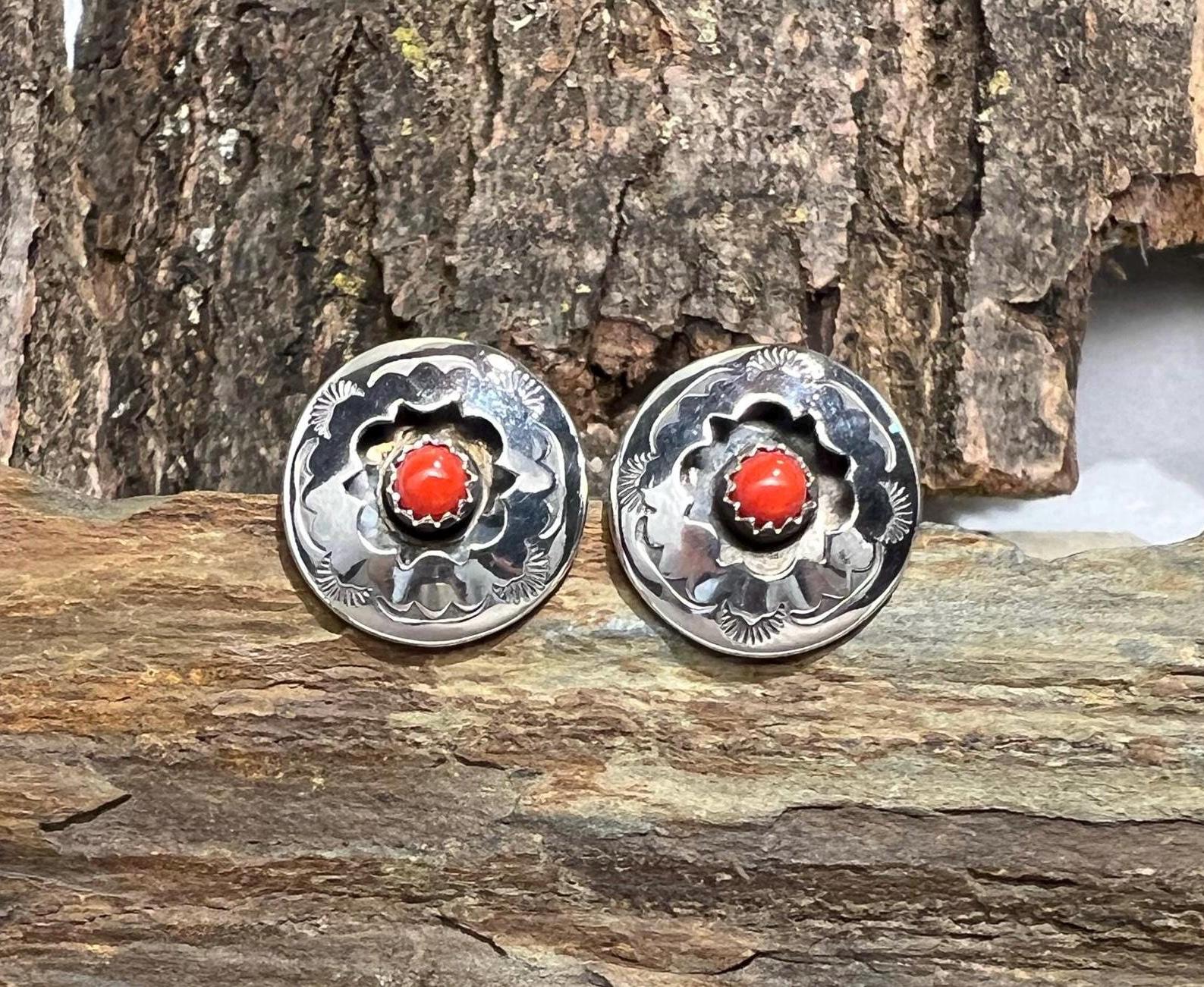 Polished Red Coral Navajo Shadowbox Design Sterling Silver Post…