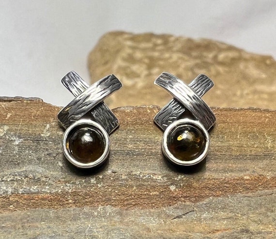 Polished Baltic Amber Wood Texture Sterling Silver Post Earrings