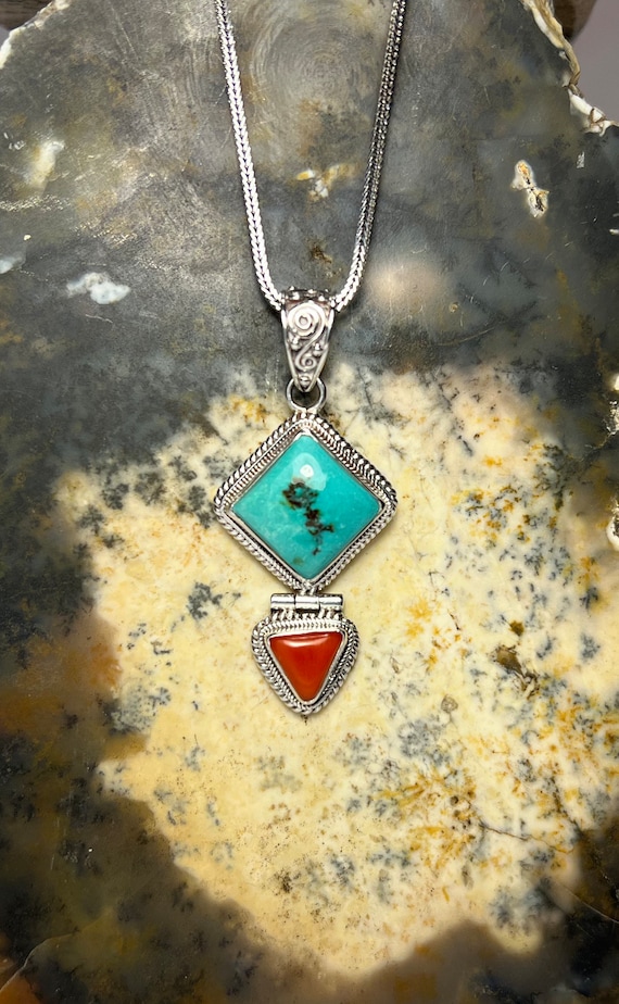 Polished Turquoise and Red Coral Sterling Silver P