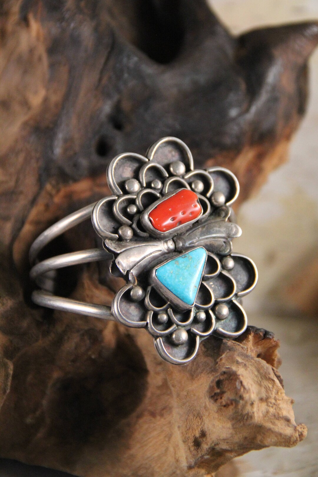 Vintage Navajo Red Coral & Turquoise Sterling Silver Cuff Bracelet - 6 ...