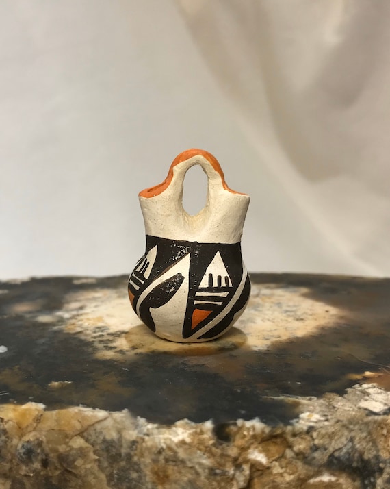 Miniature Acoma Pueblo Pottery Signed RLS Two Vintage Small Pueblo Acoma Hand Crafted Vases 2