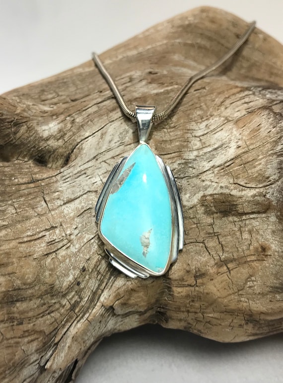 Hand Crafted Castle Dome Turquoise Sterling Silver Pendant - T. Hunkins