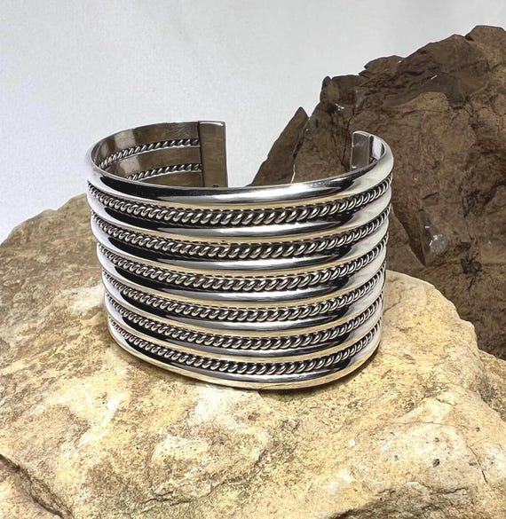 Solid Sterling Silver Wide Navajo Cuff Bracelet -… - image 15