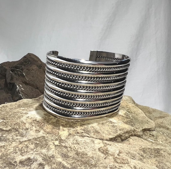 Solid Sterling Silver Wide Navajo Cuff Bracelet -… - image 4