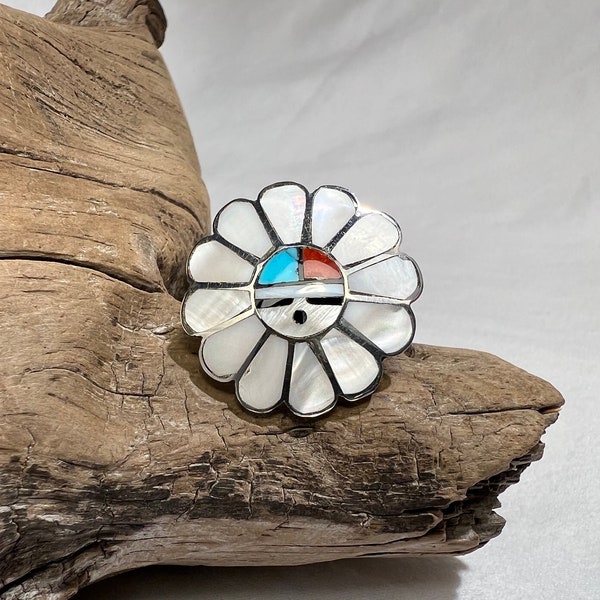 Sale!!!  Vintage Zuni Sunface Mother of Pearl Turquoise Coral and Jet Inlay Sterling Silver Ring - Size 7 1/2