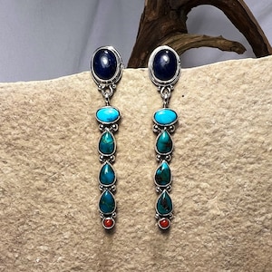 Navajo Turquoise Sodalite and Coral Sterling Silver Post Earrings - NEZ