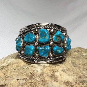 Vintage Navajo Turquoise Nugget and Sterling Silver Heavy Cuff Bracelet - 1970’s