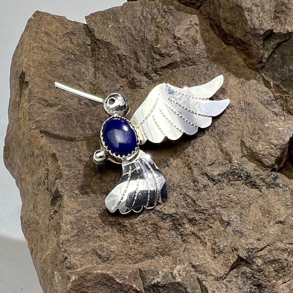 Navajo Polished Lapis Sterling Silver Hummingbird Brooch - Fatoya Yazzie